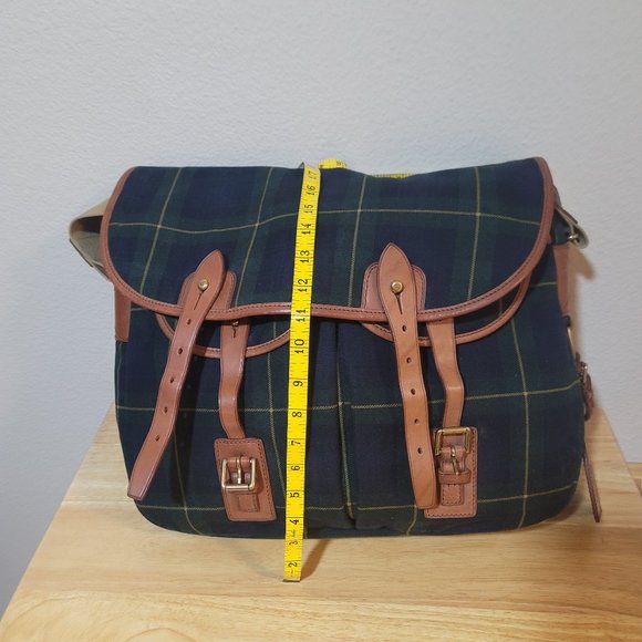 Polo Ralph Lauren Leather-Trim Canvas Messenger Bag Tartan Plaid Office Work Bag - Picture 1 of 7